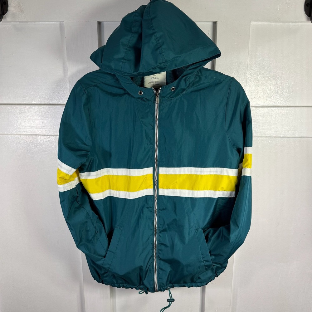 Zine Teal Yellow White Stripe Hooded Windbreaker Jacket Medium